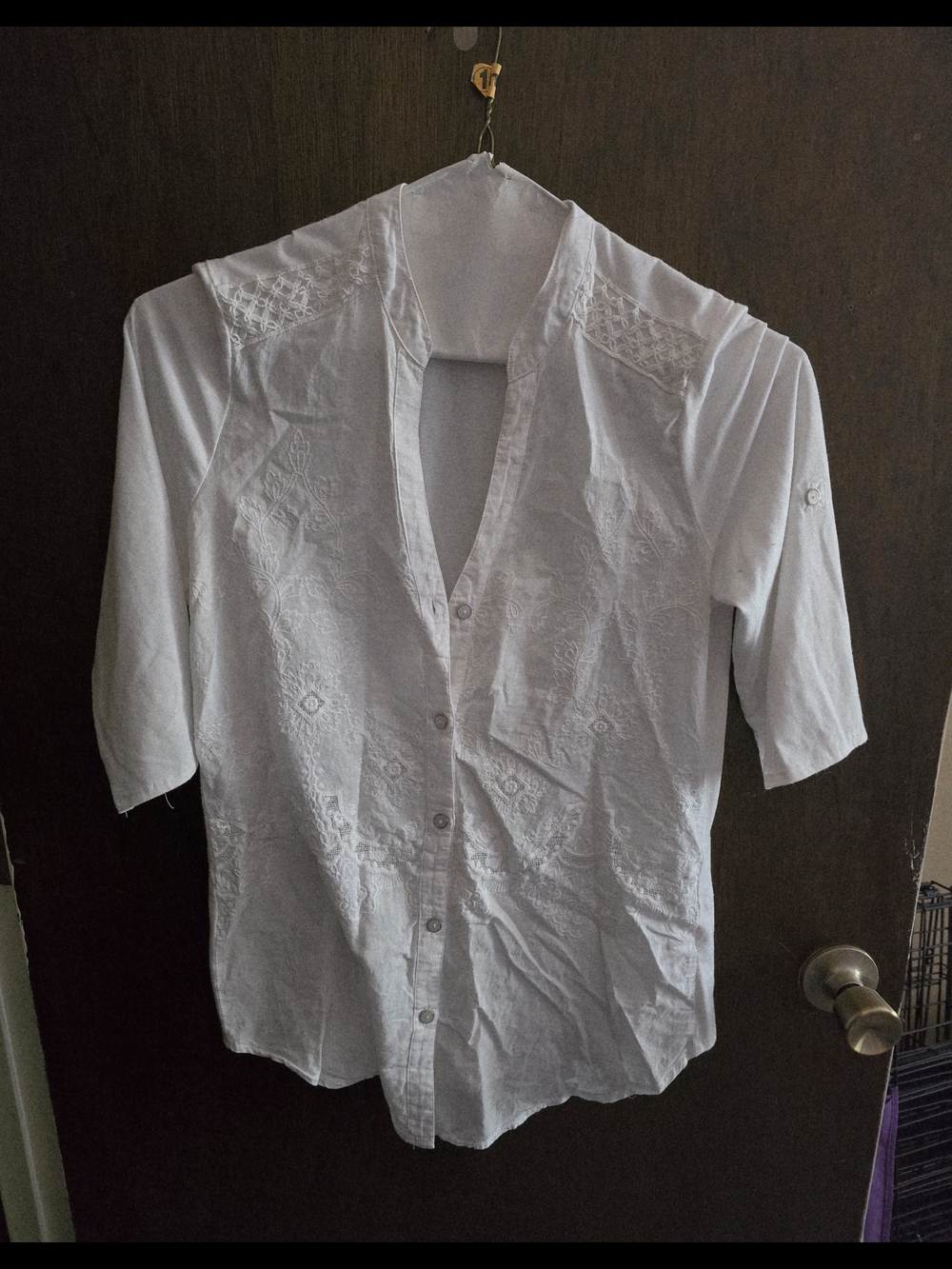 Democracy White Short-Sleeve Embroidered Button-Down Shirt